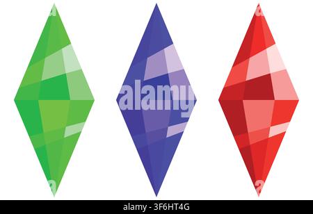 Sims crystal. Green, Purple and Red crystal for game achieve. Flat vector illustration Stock Vector