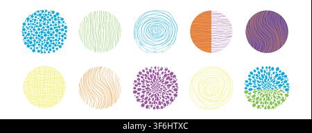 Bright abstract colorful circle set made of lines, dots and circles. Stock Vector