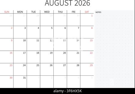 August 2026 English Blank Monthly Planner Grid Clean Business Calendar Template Stock Vector
