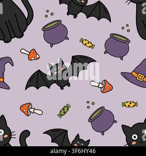 An endless Halloween-themed pattern featuring a cat, a bat, a witch's hat, a cauldron, a mushroom, and candy. A cute, festive background. Stock Vector