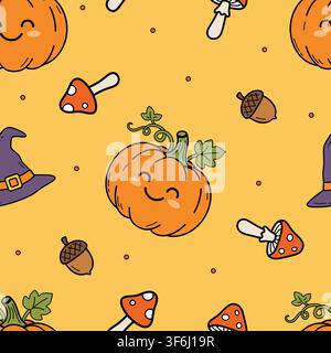 A seamless pattern with smiling pumpkins, mushrooms, acorns, and witch hats. A festive autumn background. Vector illustration. Stock Vector