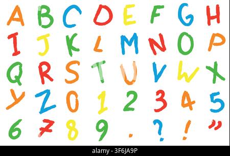 Cartoon textured oil pastel Latin alphabet with numbers and signs, Grunge hand drawn. Chalk letters set Stock Vector