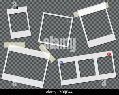 Realistic empty photo card frame, film set. Retro vintage photograph with transparent adhesive tape and paper clip. Template or mockup for design Stock Vector
