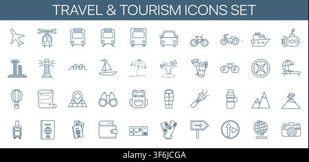 Travel and Tourism And Vacation Vector Line Icon Set. This Icon set consists of Sunset, Swimming Pool, Surfing, Spa, Hotel, Airplane Ticket, Travel De Stock Vector