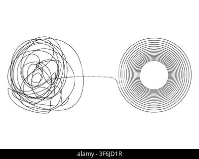 Process of complex problem to simple solution idea concept. Chaos scribble line turn into bulb. Business searching path vector doodle Stock Vector