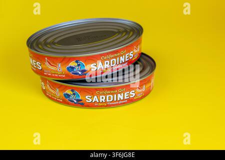 Two cans of California girl sardines in tomato sauce against a yellow background. Stock Photo
