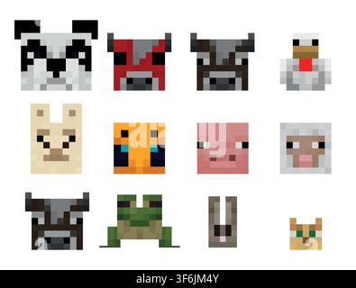 Minecraft Mob Set Pixel Vector Illustration. cow, panda, chicken, lama, bee, frog, sheep, bunny, cat on transparent background Stock Vector