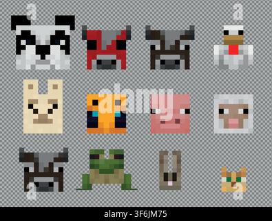 Minecraft Mob Set Pixel Vector Illustration. cow, panda, chicken, lama, bee, frog, sheep, bunny, cat Stock Vector