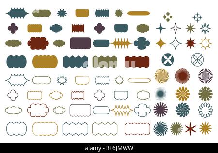 Minimalistic brutal shape sticker set. Vector geometric star shaped icons. Circles and rectangles with wavy zigzag edges Stock Vector