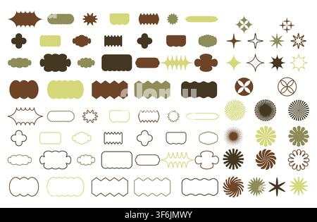 Minimalistic brutal shape sticker set. Vector geometric star shaped icons. Circles and rectangles with wavy zigzag edges Stock Vector