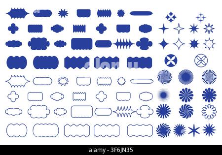 Minimalistic brutal shape sticker set. Vector geometric star shaped icons. Circles and rectangles with wavy zigzag edges Stock Vector