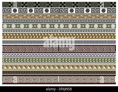 Vector set of 14 antique ancient greek style geometric seamless frames isolated on white background Stock Vector