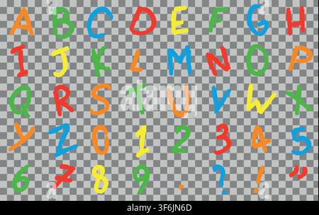 Colorful Cartoon textured oil pastel Latin alphabet with numbers and signs, Grunge hand drawn. Chalk letters on transparent Background Stock Vector