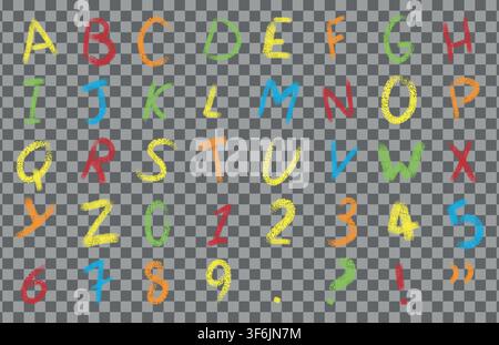 Colorful Cartoon textured oil pastel Latin alphabet with numbers and signs, Grunge hand drawn. Chalk letters on transparent Background Stock Vector