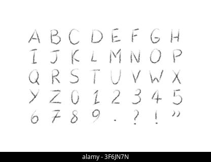 Cartoon textured oil pastel Latin alphabet with numbers and signs, Grunge hand drawn. Chalk letters Stock Vector