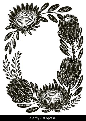 Elegant floral frame in black ink on white paper. Stock Vector