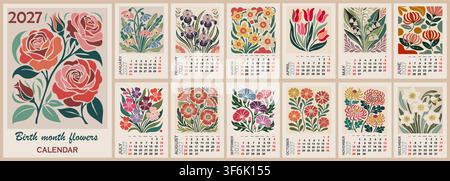 Vintage floral calendar for 2027 different bloom Stock Vector