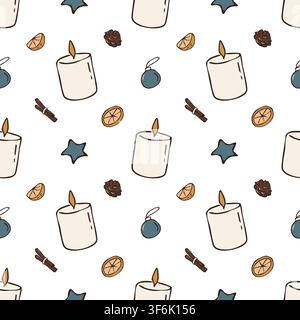 Hand drawn cozy Christmas candles seamless pattern vector doodle illustration Stock Vector