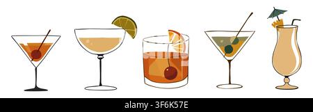 Set of cocktails displayed in various glasses Stock Vector