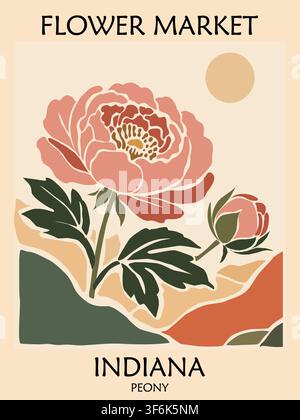 Retro poster peony in Indiana floral market Stock Vector