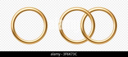 Vector 3d Gold Wedding Ring Set with Single and Interlocking Wedding Bands. Elegant Golden Circular Frames and Marriage Clipart Isolated. Golden Rings Stock Vector