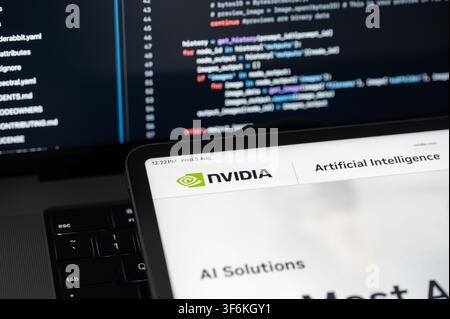 New York, USA - august 5, 2026: NVIDIA Ai company web page on program code background of computer close up view Stock Photo