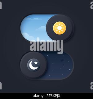 Vector 3d Day Mode and Night Mode Toggle Switch Set. Light and Dark Theme UI Buttons with Sun and Moon Icons. App Interface Control Element for Web Stock Vector