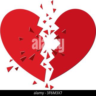 A striking red heart split dramatically down the center into two halves, with jagged edges and sharp triangular fragments exploding outward from the break point, creating a dynamic sense of sudden impact and emotional rupture. The clean flat red color with subtle shadowing on the shards gives the piece a modern paper-cut aesthetic, making the destruction feel both sharp and visually elegant. Set against a pure white background, the image communicates heartbreak, grief, separation, and loss with immediate visual clarity. Ideal for Valentine s Day cards, breakup and divorce themed editorial cont Stock Vector