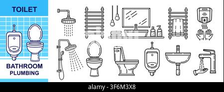 Bathroom toilet restroom plumbing. Washbasin sink faucet, shower, urinal, water closet, electric hand dryer. Hygiene wash basin. Towel rail icon set Stock Vector