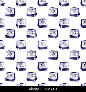 Seamless pattern with retro instant cameras in hand drawn outline style on white background. Vector repeat Thematic wallpaper textile, wrapping, packaging, stationery, scrapbook or photography project Stock Vector