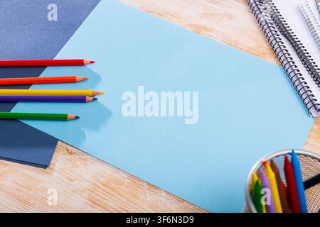 School stationery on wooden table Stock Photo