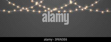 Christmas lights border with glowing string bulbs. Warm festive garland for holiday decoration, celebration, banner or greeting card. Xmas decor Stock Vector