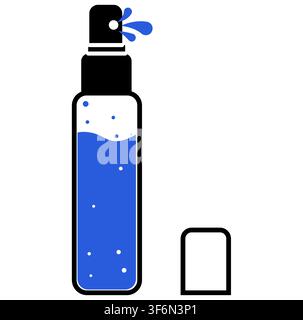 Tall blue liquid spray bottle icon with black pump three droplets separate cap bubbles and wavy fill line. Great for cosmetic fragrance cleaning disinfection packaging UI logos branding Stock Vector