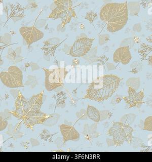 Elegant seamless botanical pattern with golden skeleton leaves, delicate dried sprigs and subtle layered foliage on a soft blue background. Ideal for Stock Photo