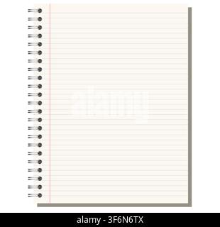 Ivory college ruled notebook page shows blue horizontal ruling plus red margin, side wire binding, and upright portrait format on light gray background. Suitable for schoolwork, planning, stationery Stock Vector