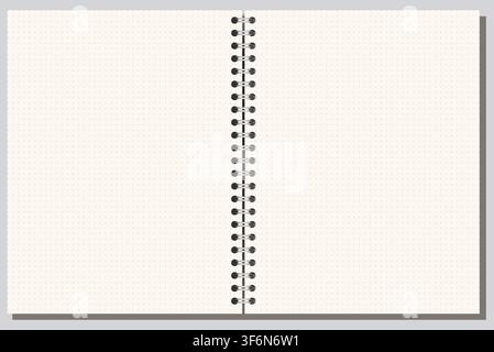 Ivory dotted grid notebook page shows fine ruling, side wire binding, and wide landscape format on white background. Suitable for schoolwork, planning, stationery layouts, notes and printable Stock Vector