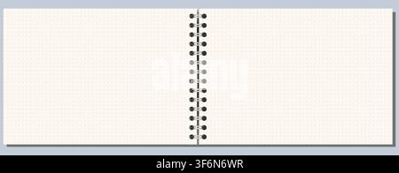 Ivory dotted grid notebook page shows fine ruling, side wire binding, and wide landscape format on white background. Suitable for schoolwork, planning, stationery layouts, notes and printable Stock Vector