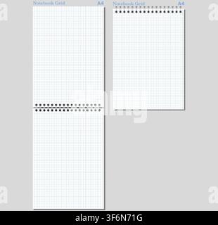 Dualsize notebook sheets shows silver side coils, white blue grid surface, neat perimeter, soft shadow, grey backdrop. For printable stationery, education, office writing, notes, planning Stock Vector