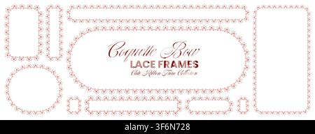 Red bow lace border frame set featuring delicate ribbon garland trim, coquette decorative oval circle rectangle edges isolated on white background vector illustration for invitations cards stationery Stock Vector