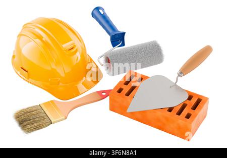 Construction tools with hard hat, brick, paint roller and trowel. 3D rendering isolated on white background Stock Photo