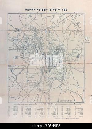 SEATTLE -SEP 11, 2022 - Vintage map of Jerusalem, Israel showing historic streets, buildings, Hebrew script, grid lines and aged parchment texture, ci Stock Photo