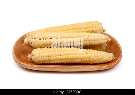 Steamed sweet corn cobs on a wooden tray Stock Photo