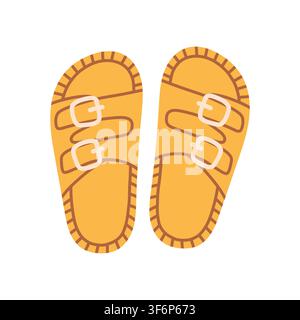 Yellow double buckle strap sandals vector illustration with stitched sole. Flat summer footwear graphic element for outdoor fashion, vacation travel Stock Vector