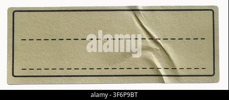 Blank wrinkled craft paper adhesive sticker label with dashed lines isolated on white background rectangular vintage sticky tag mockup Stock Photo
