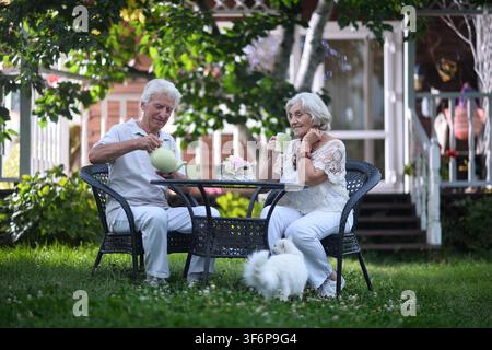 Two seniors sit at a black metal table in a sunny garden, sharing tea from white cups beside a teapot. A small white fluffy dog rests on the grass as lush Stock Photo