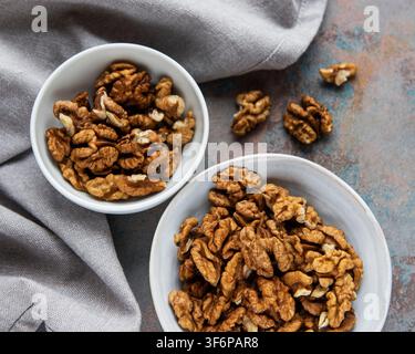 Walnuts without shell on a concrete background Stock Photo