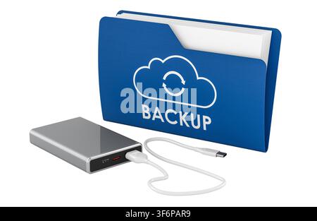External SSD drive and backup folder with cloud sync icon. 3D rendering isolated on white background - Photomontage Stock Photo