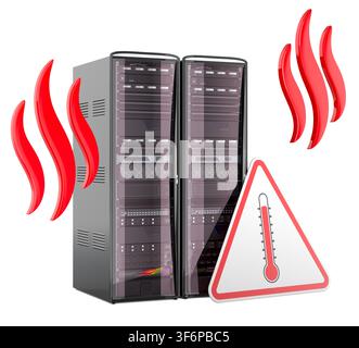 Server overheating warning with temperature alert sign, 3d rendering isolated on white background Stock Photo