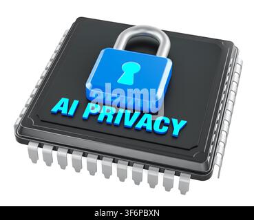 AI privacy chip with padlock. Data protection and security concept, 3d rendering isolated on white background Stock Photo