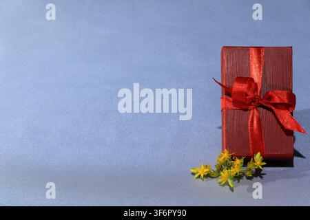 A red gift box with a bow of red ribbon and some yellow and green flowers against a silvery-blue background Stock Photo